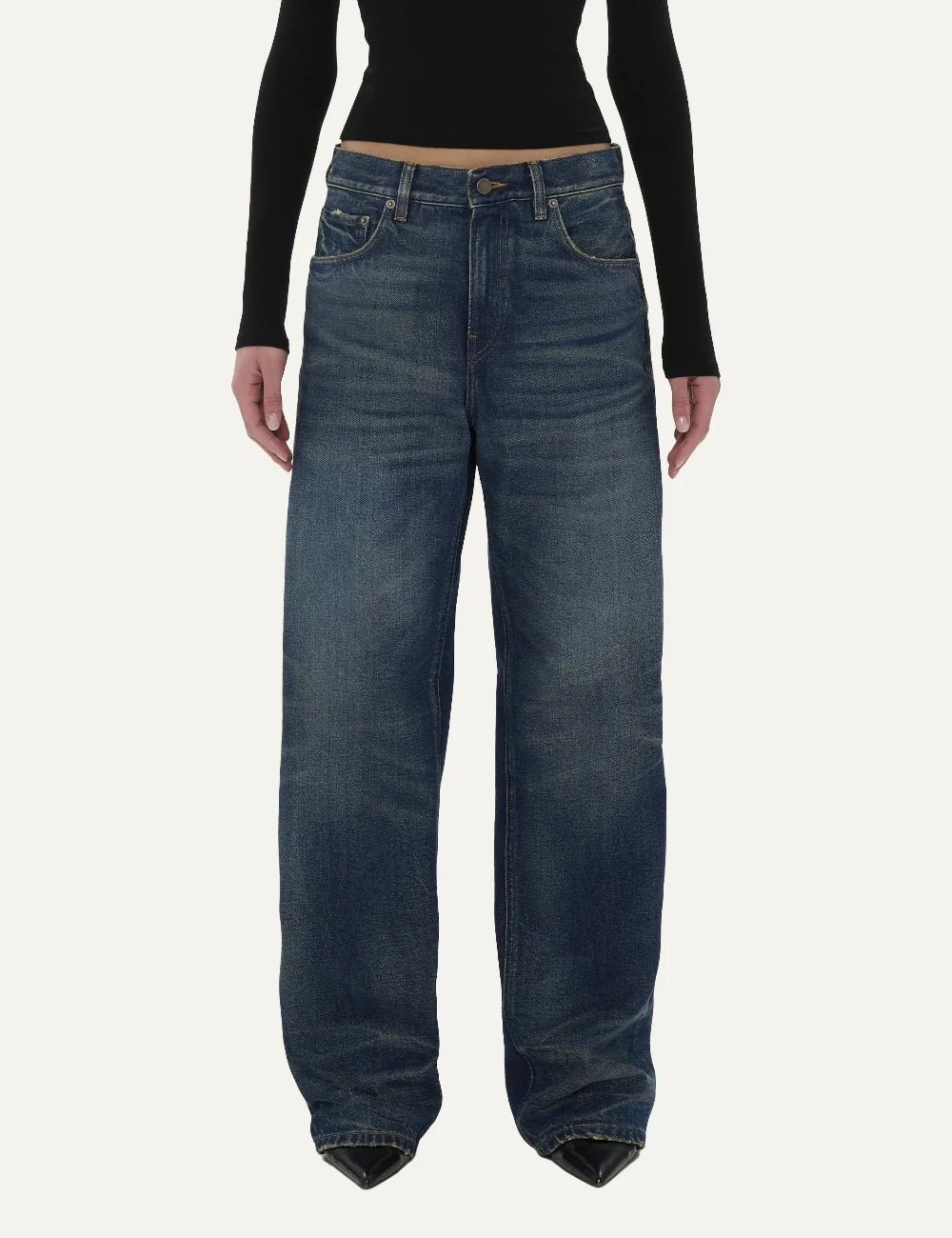 Haikure women dark blue vintage wash wide leg jeans with five-pocket design front view