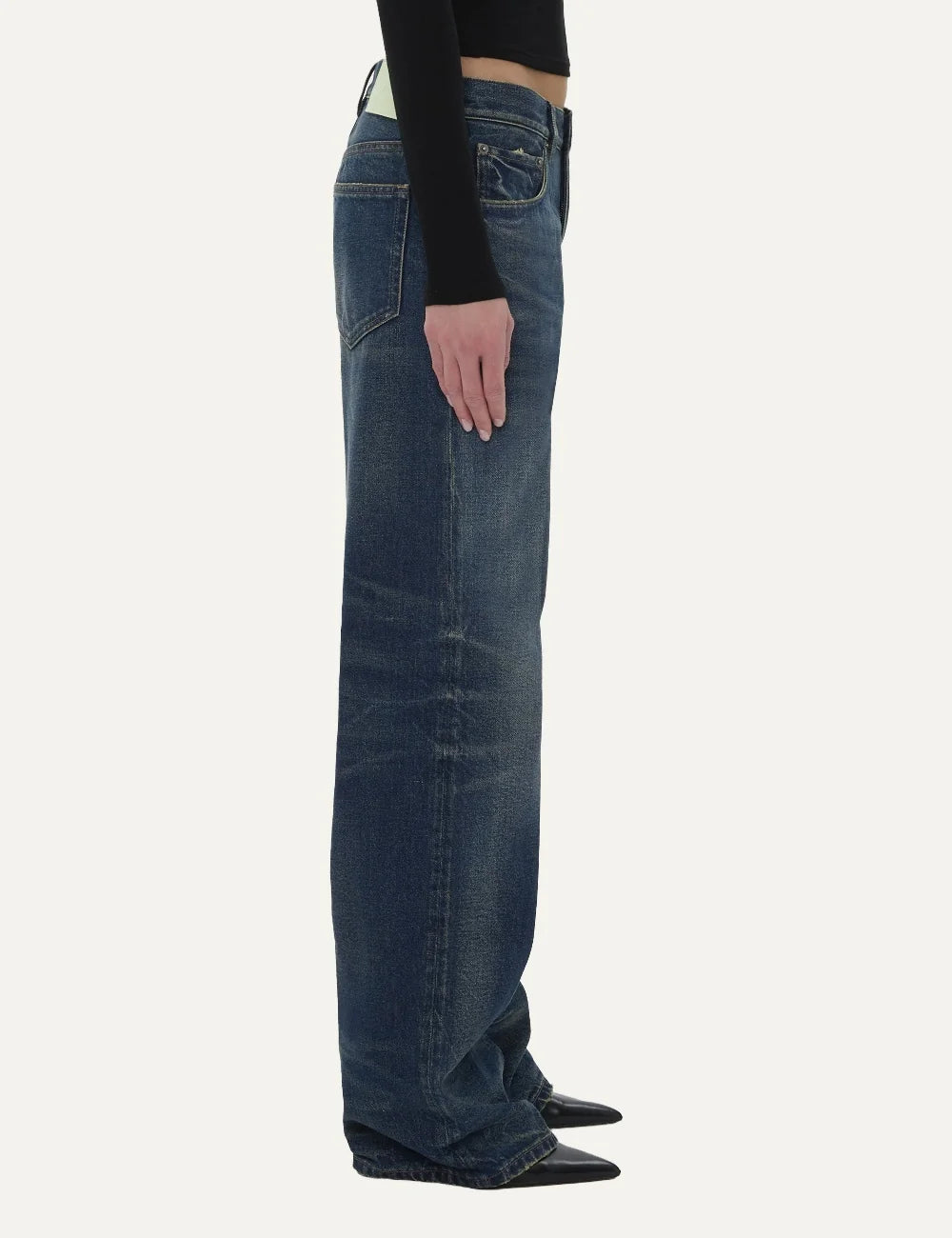 Haikure women dark blue vintage wash wide leg jeans with five-pocket designside view
