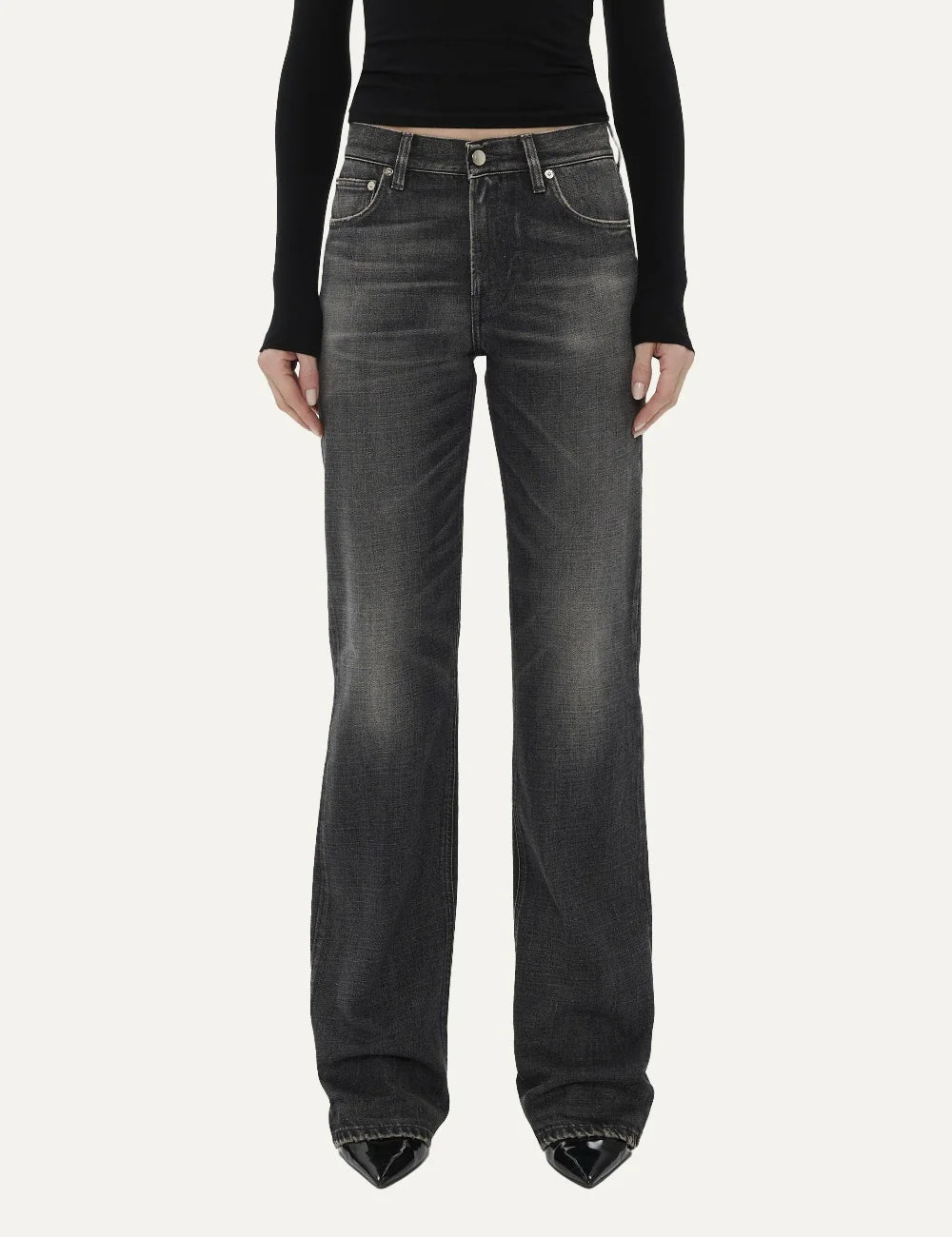 Haikure women dark grey wash straight leg jeans with five-pocket design front view