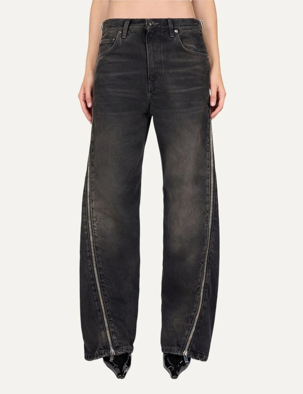 Haikure women black vintage wash boyfriend jeans with full-length side zippers front view