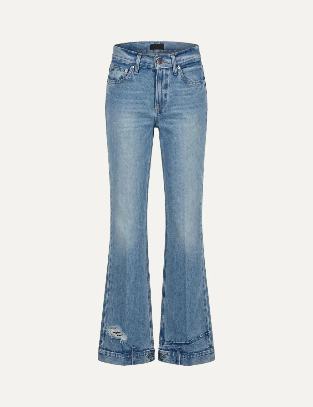 Haikure women blue washed flared jeans with distressed detail and buttoned hem straps front view