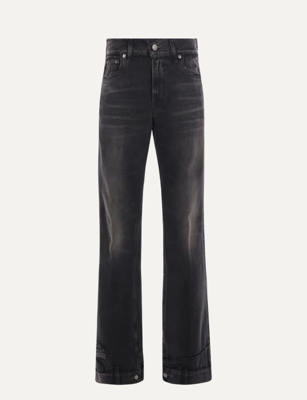 Haikure women black vintage wash denim jeans with raw-cut details and adjustable buttoned hems front view