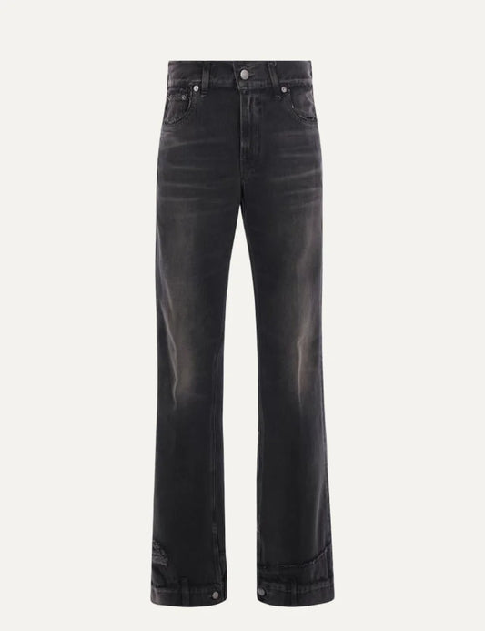 Haikure women black vintage wash denim jeans with raw-cut details and adjustable buttoned hems front view