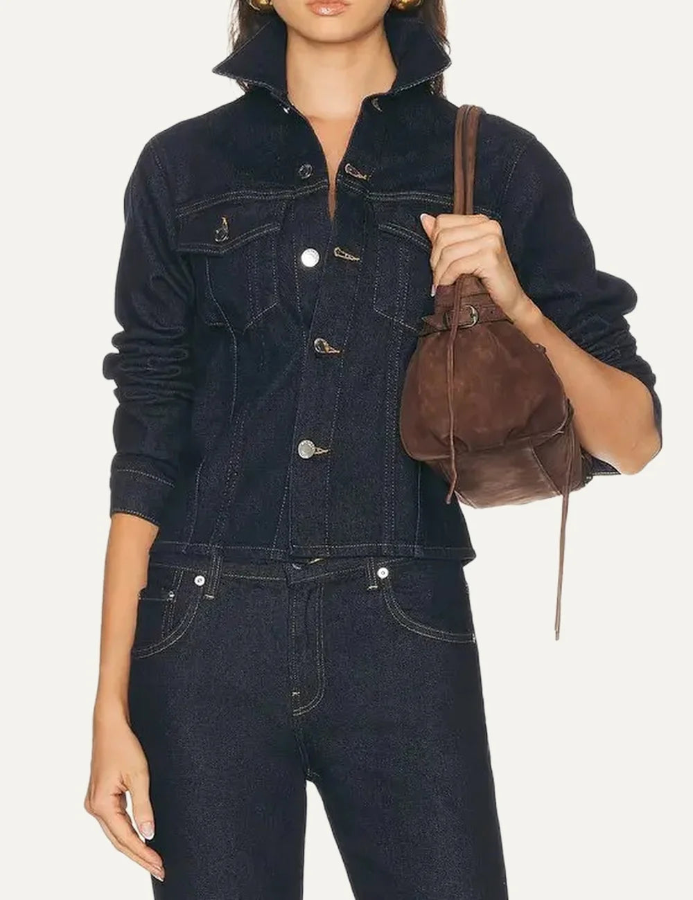 Haikure women dark blue fitted denim jacket with classic collar, button closure and front flap pockets front view