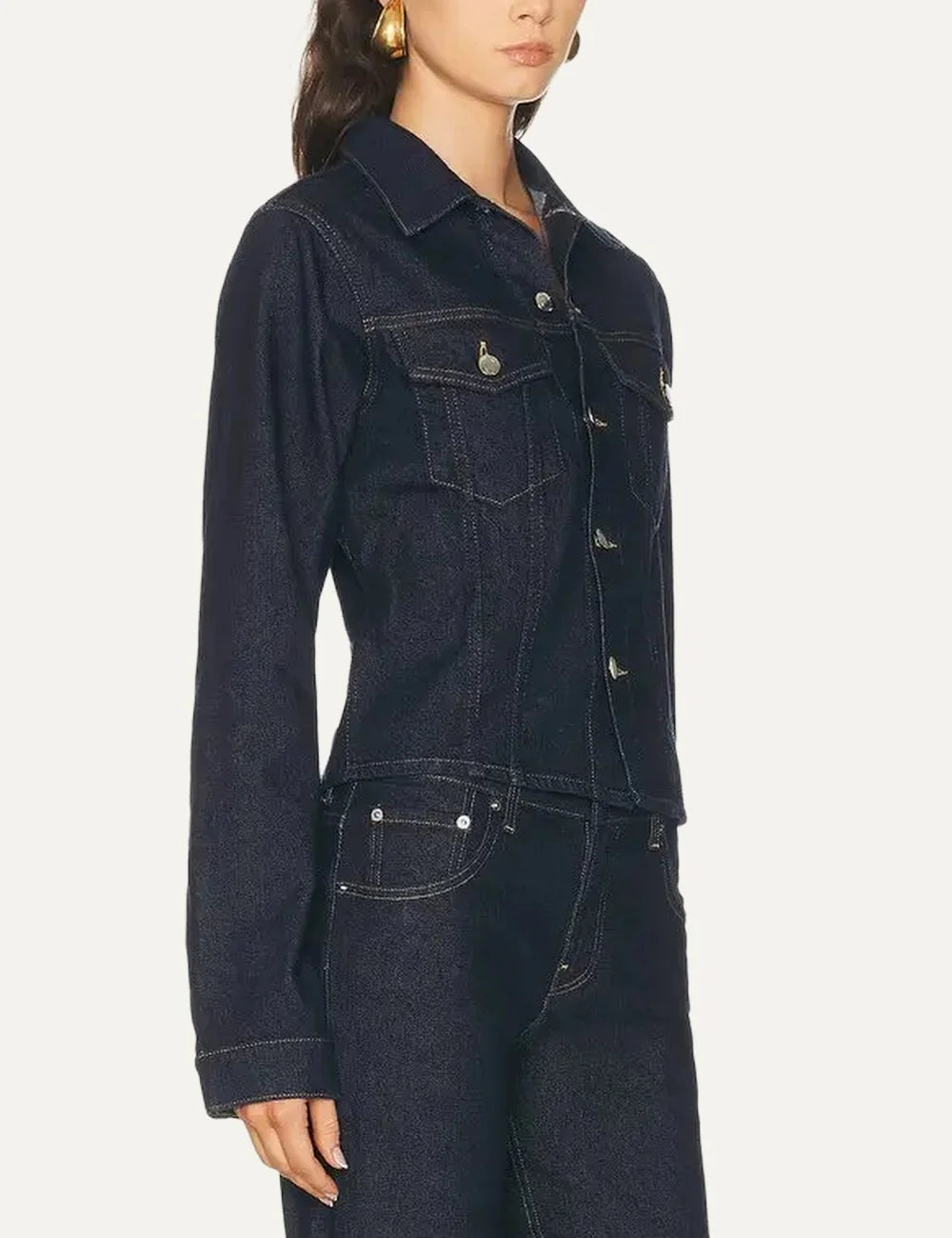 Haikure women dark blue fitted denim jacket with classic collar, button closure and front flap pocketsside view