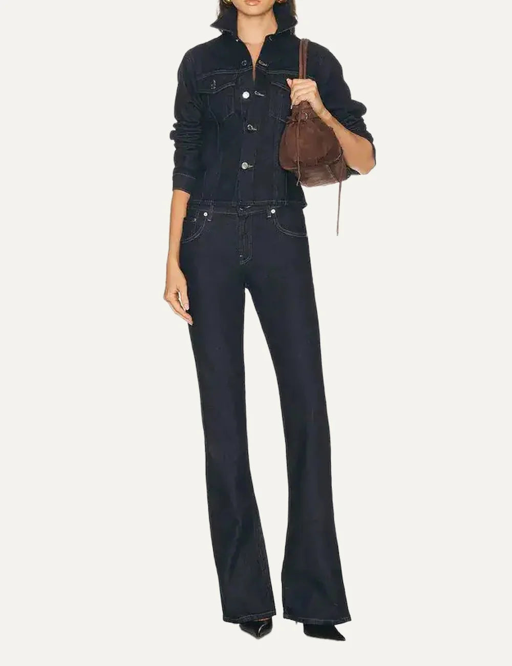 Haikure women dark blue fitted denim jacket with classic collar, button closure and front flap pockets full look