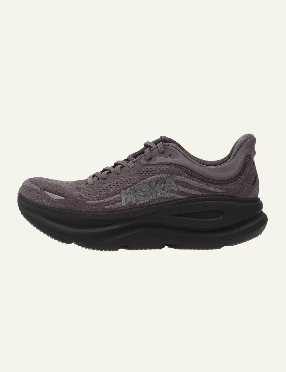Hoka Bondi 9 running shoe taupe black profil view