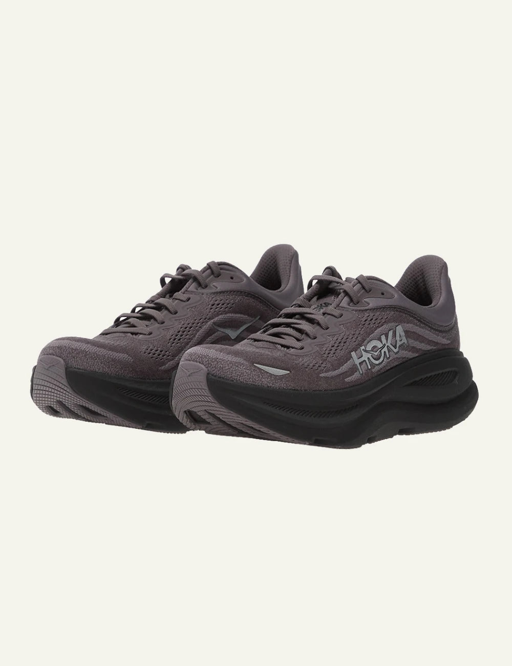 Hoka Bondi 9 running shoe taupe black angled view