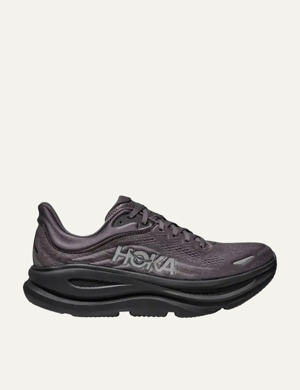 Hoka Bondi 9 running shoe taupe black side view