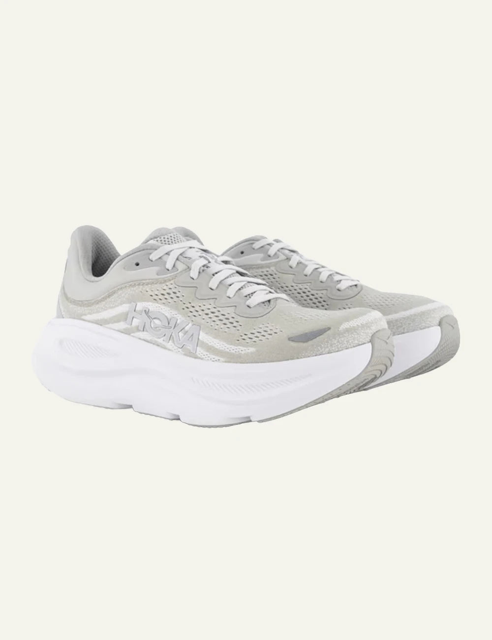 Hoka Bondi 9 running shoe white angled logo view