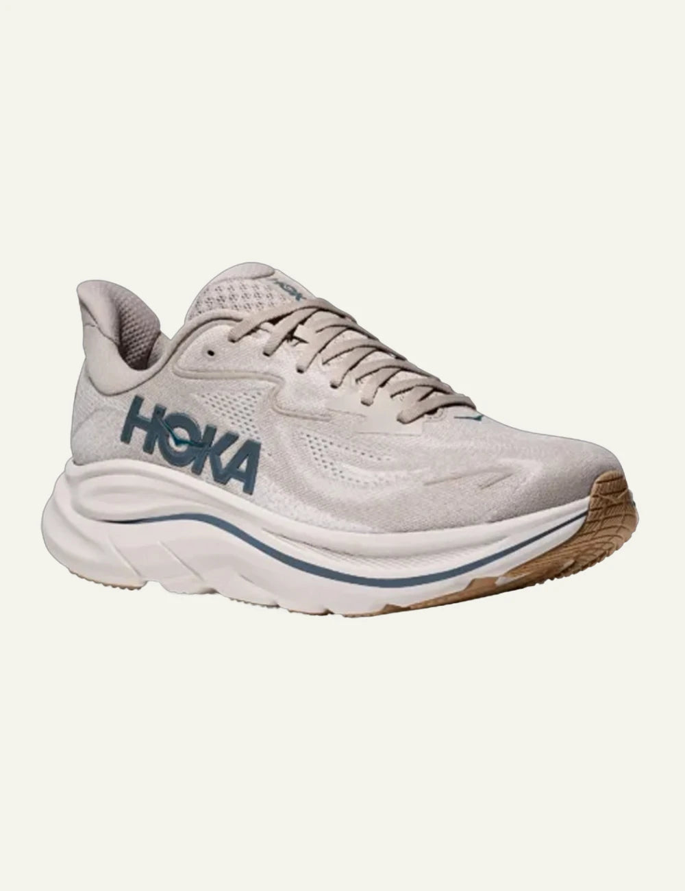 Hoka Clifton 10 running shoe beige angled logo view