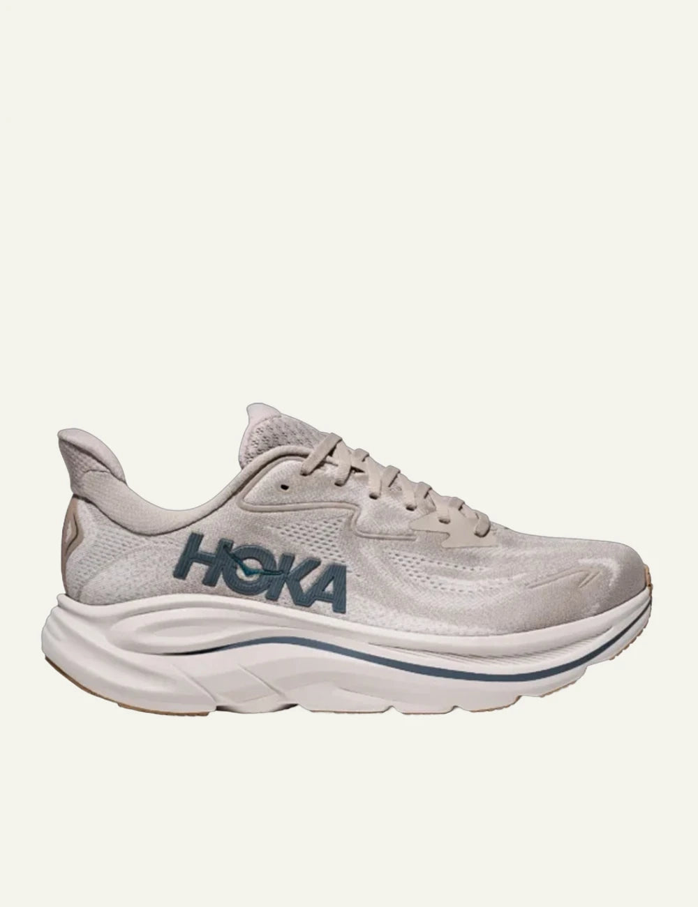 Hoka Clifton 10 running shoe beige side logo view