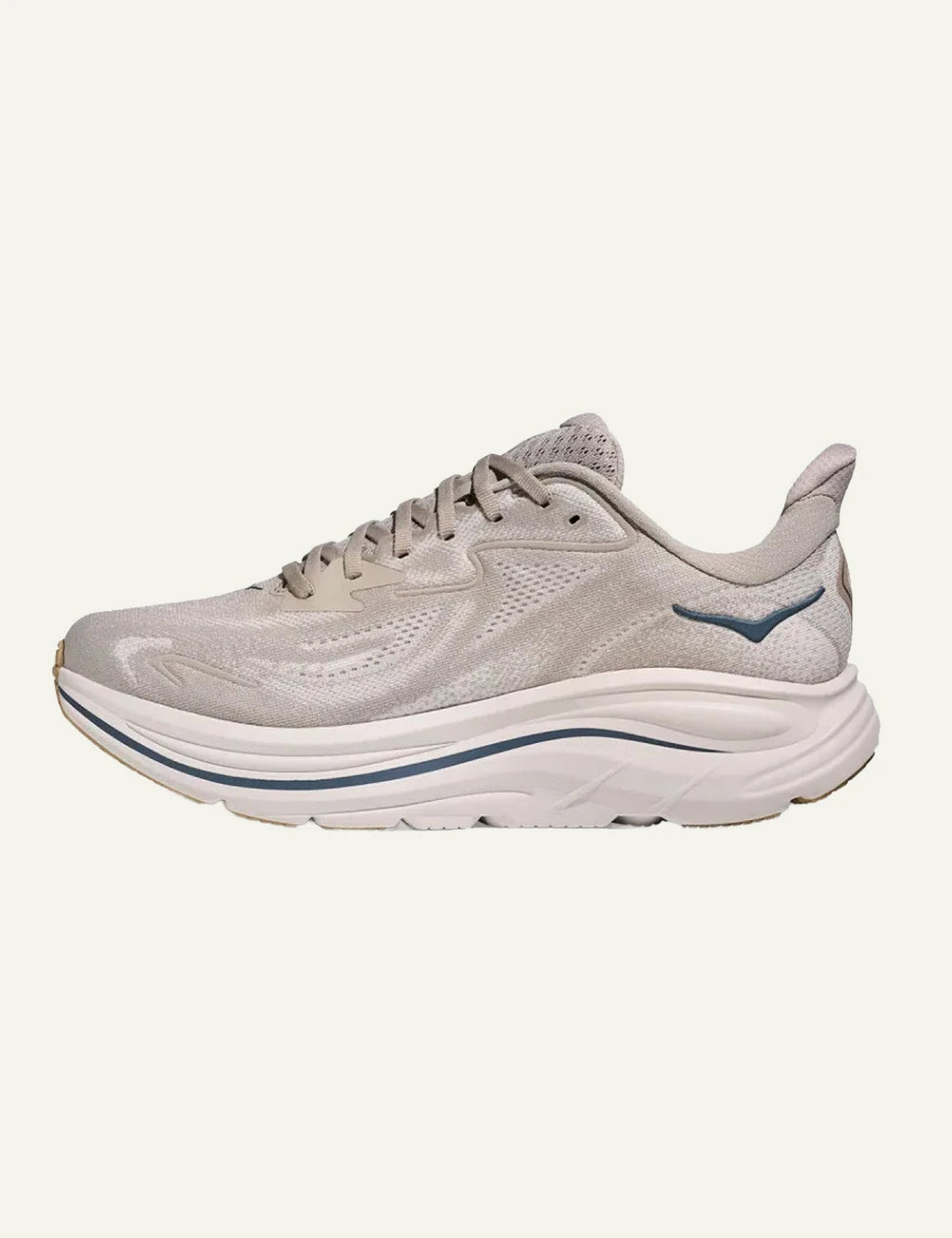 Hoka Clifton 10 running shoe beige profile logo view