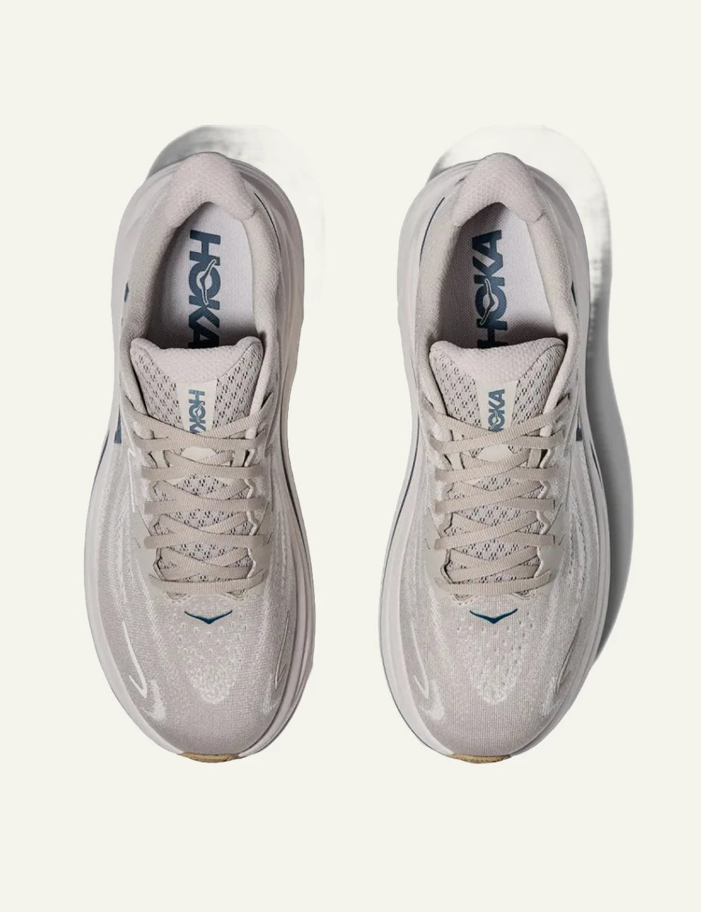 Hoka Clifton 10 running shoe beige top logo view