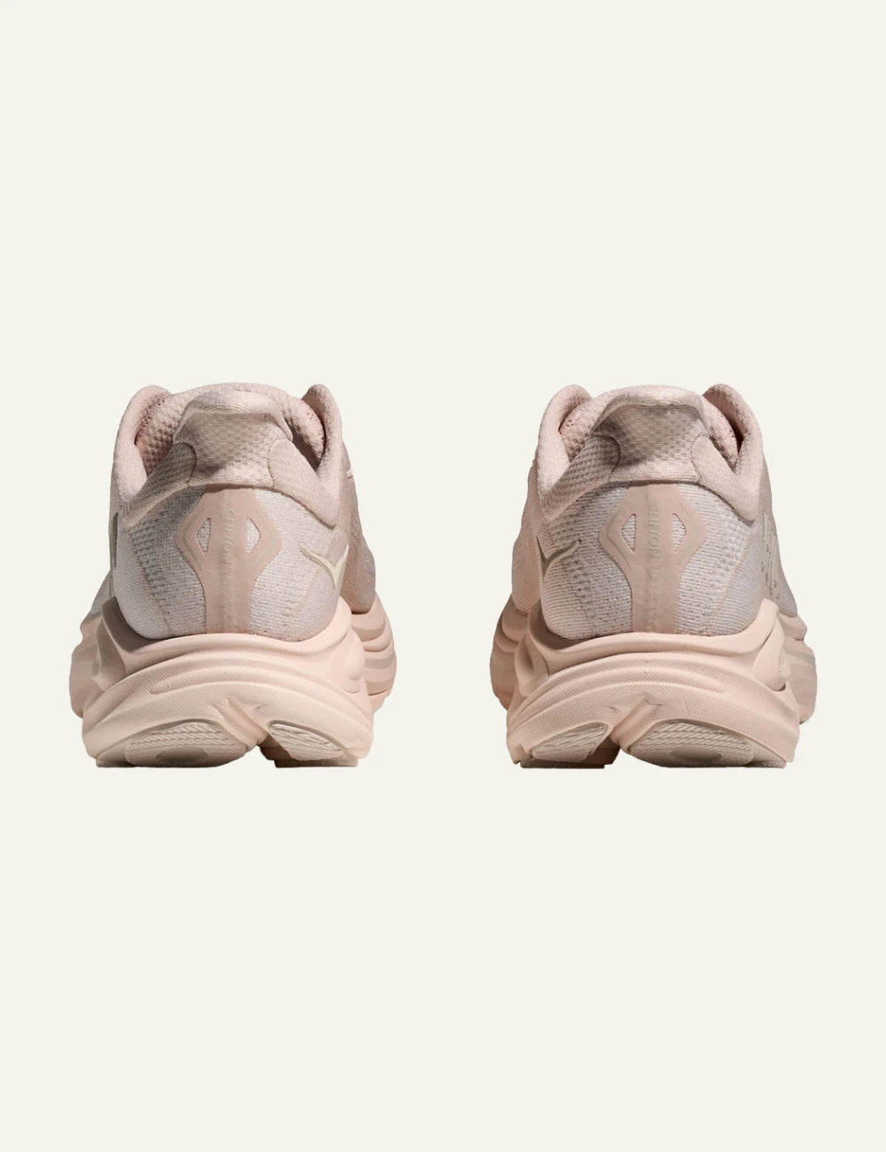 Hoka Clifton 10 running shoe blush pink back logo view