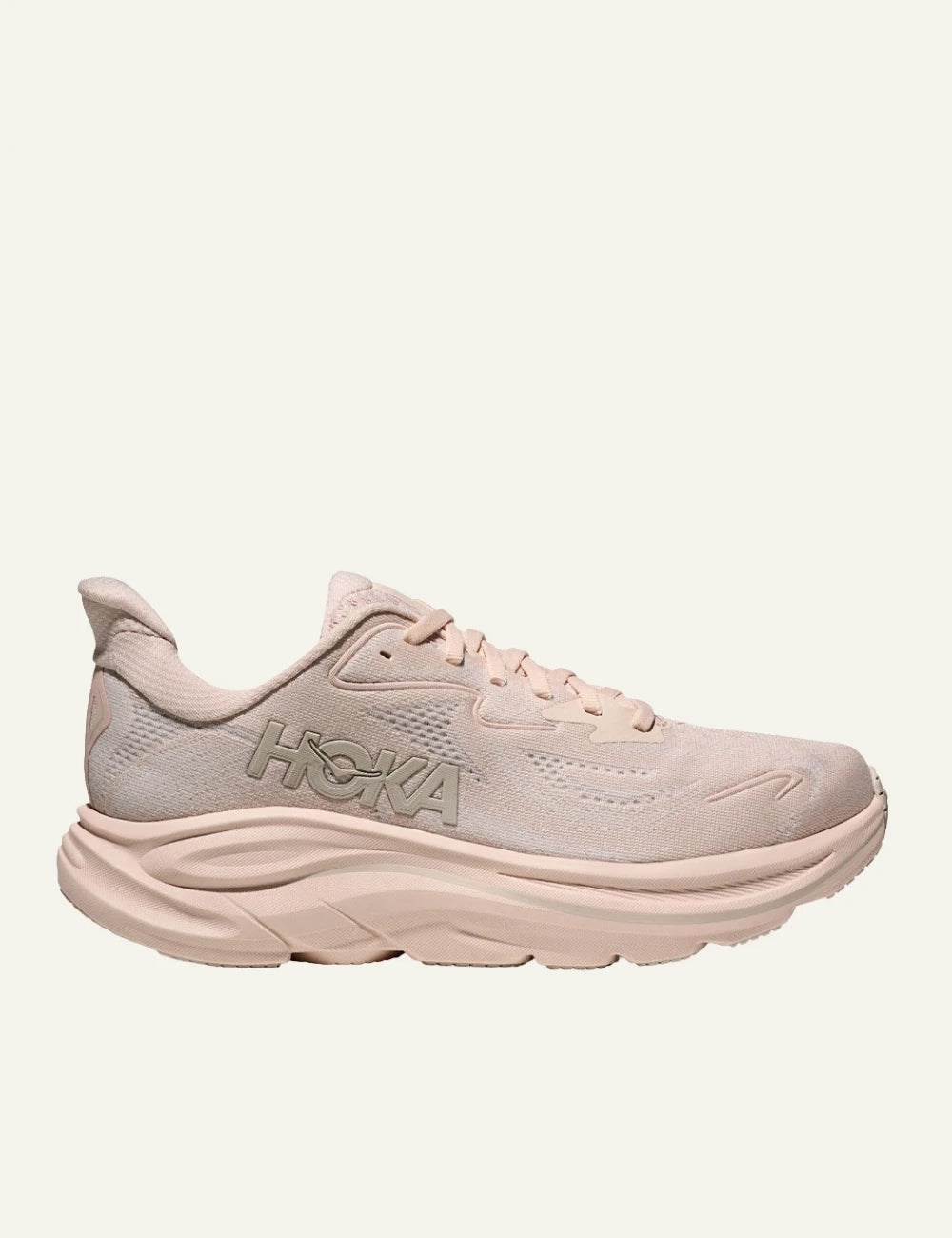 Hoka Clifton 10 running shoe blush pink side logo view