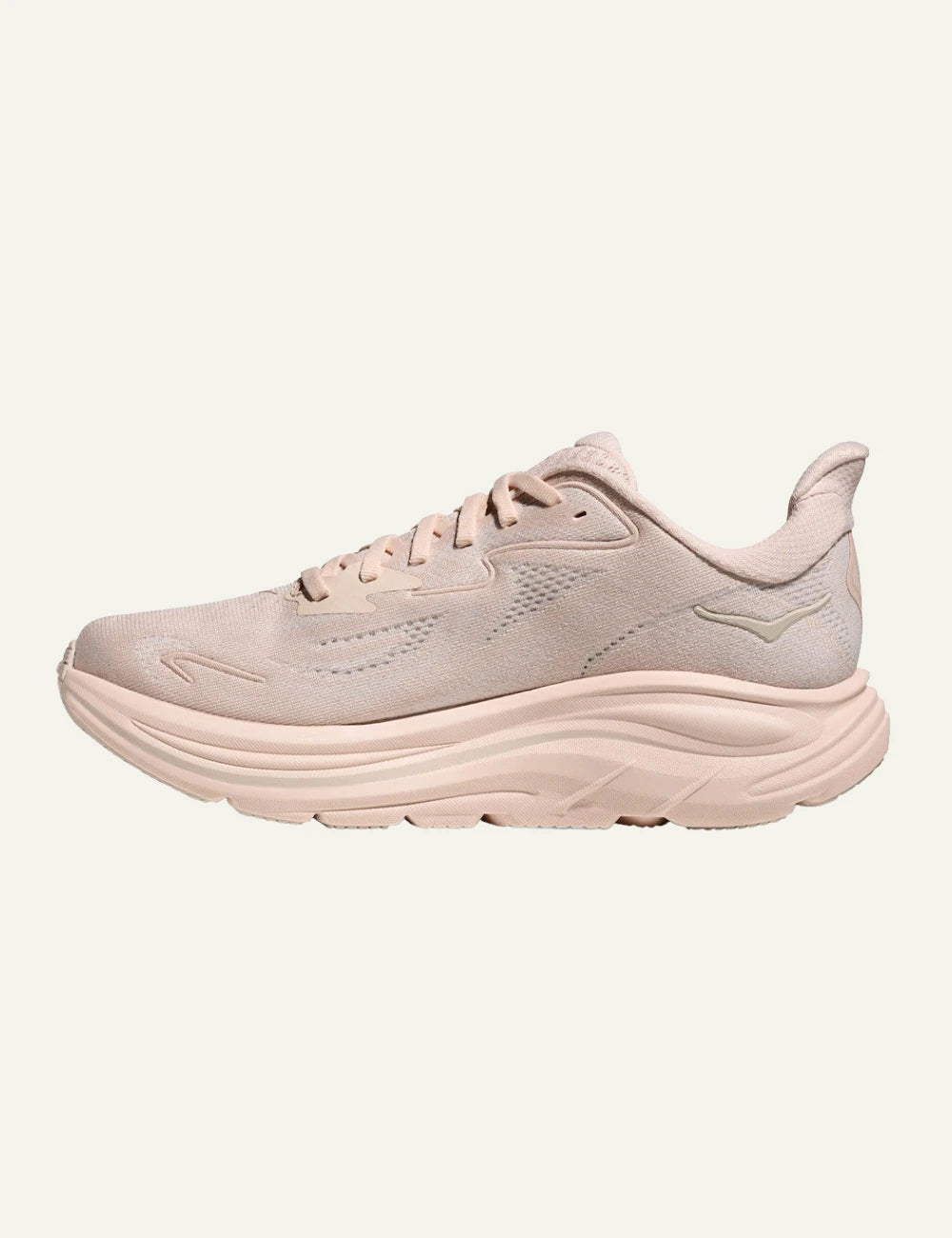 Hoka Clifton 10 running shoe blush pink profile logo view