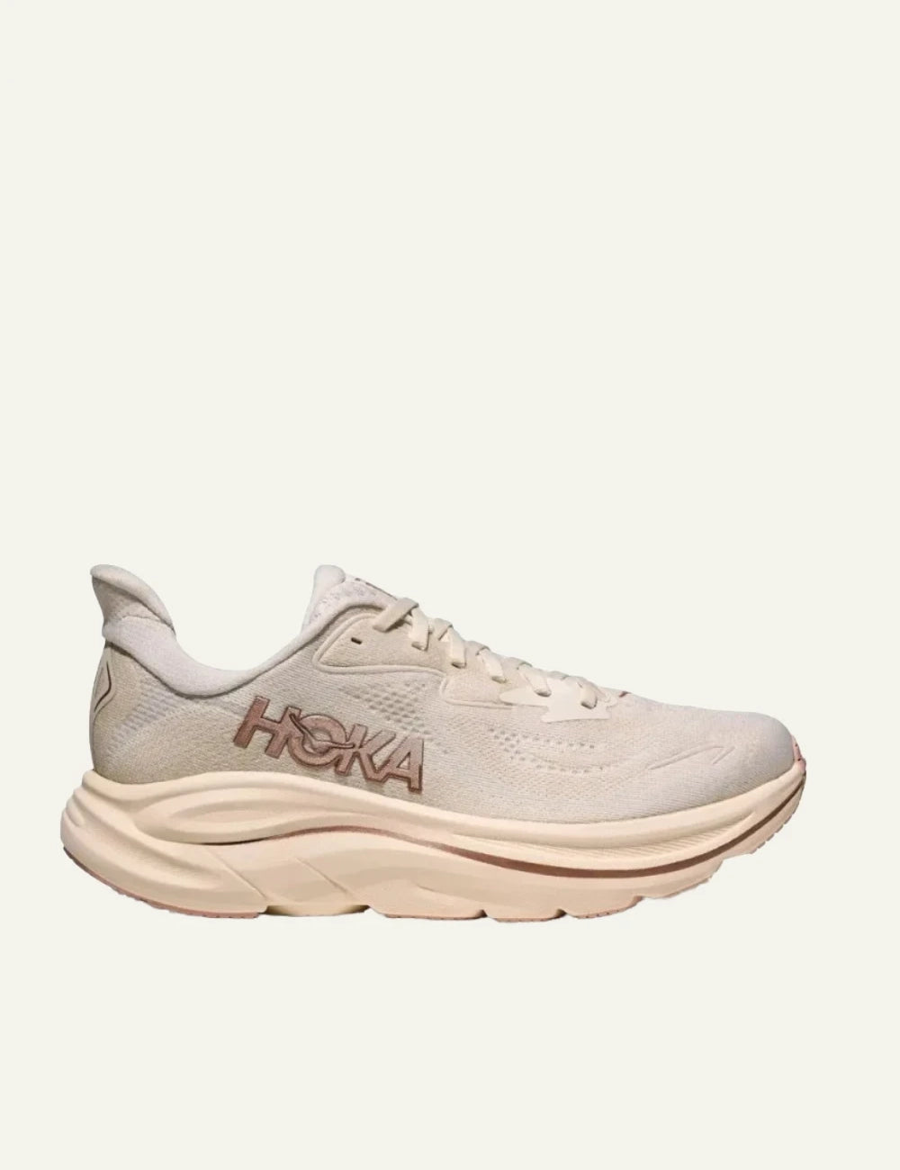 Hoka Clifton running shoe cream beige side logo view
