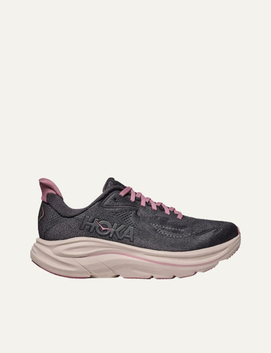 Hoka Clifton running shoe grey pink side view
