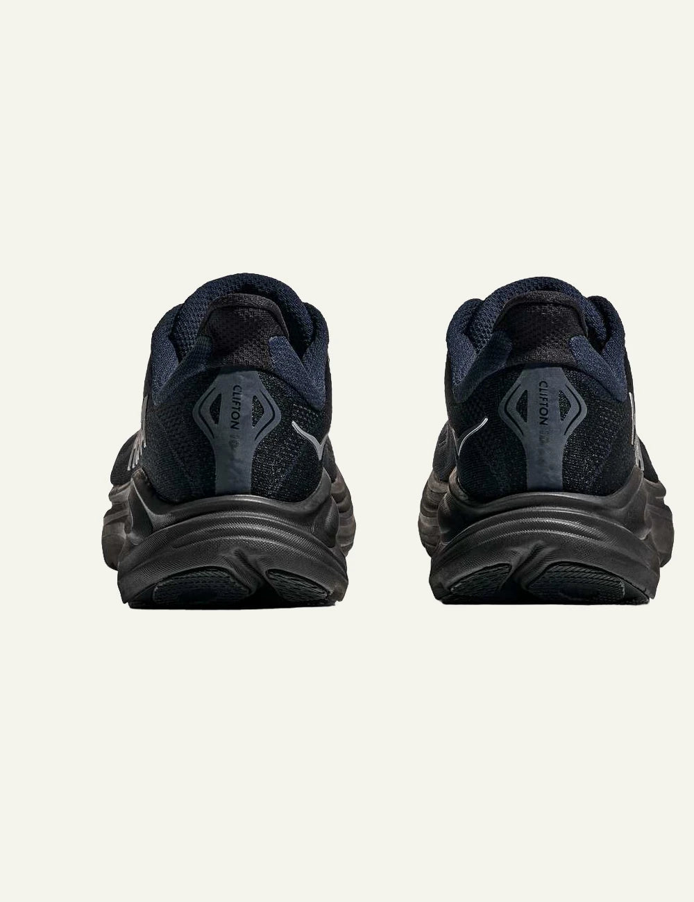 Hoka Clifton running shoe navy black back logo view