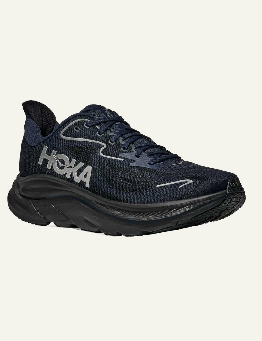 Hoka Clifton running shoe navy black side angled view