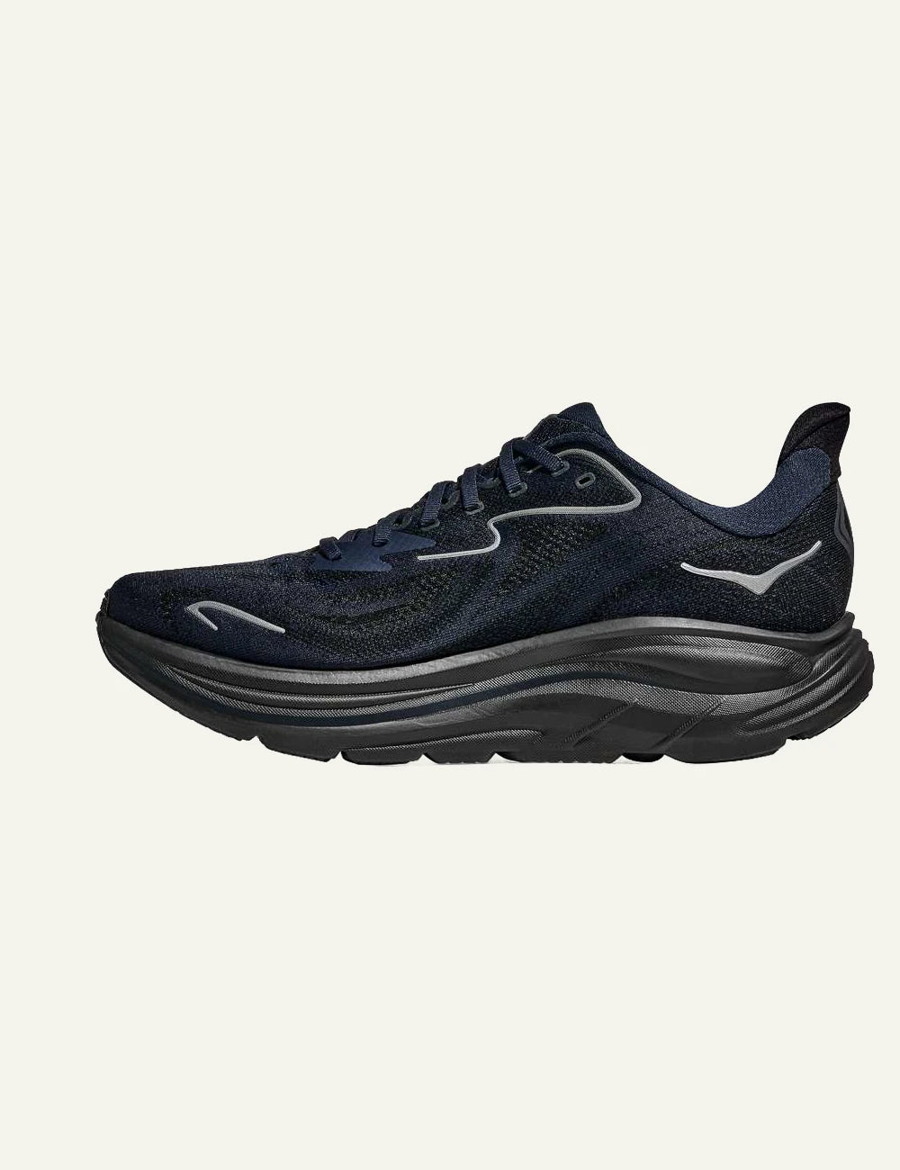Hoka Clifton running shoe navy black profil logo view