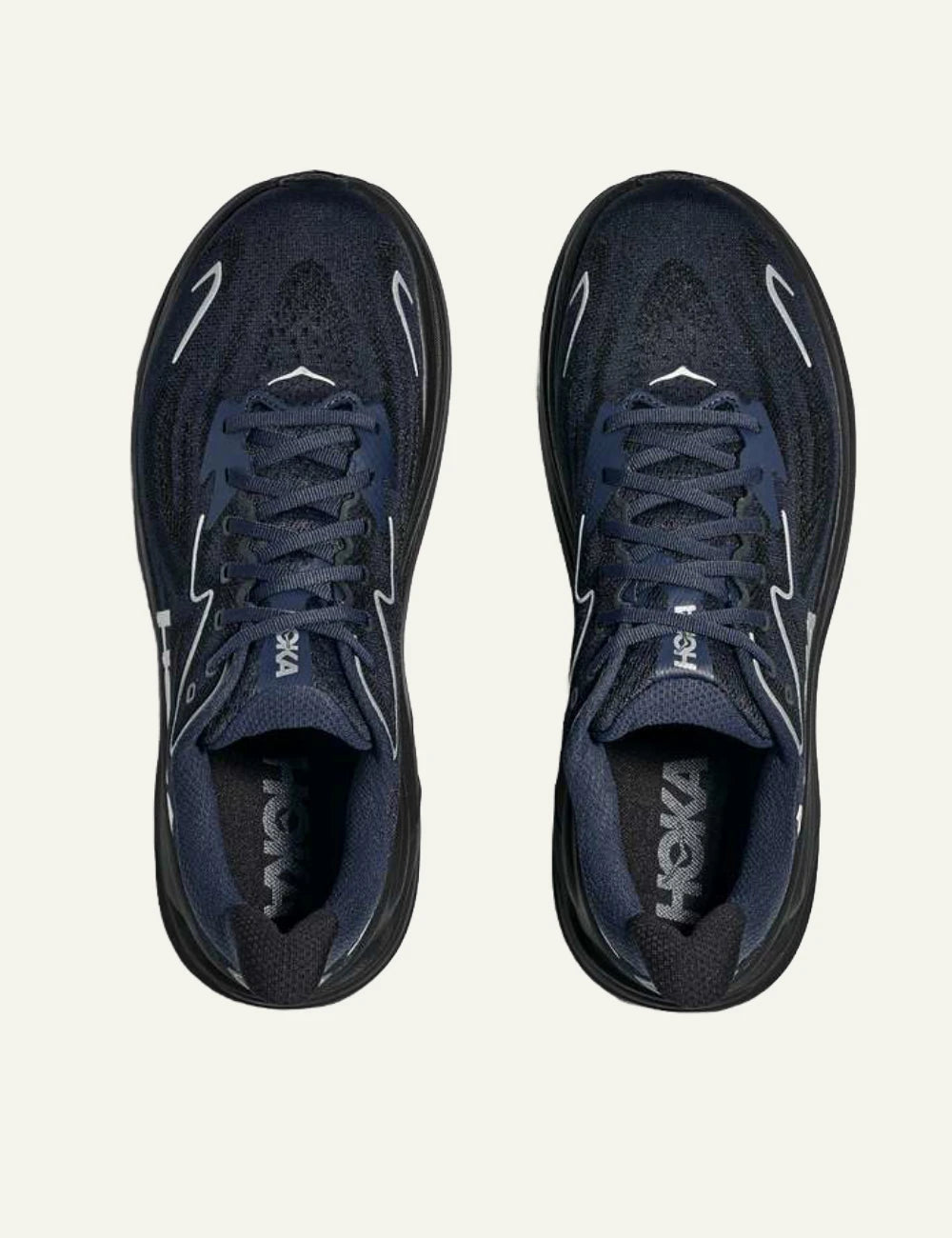 Hoka Clifton running shoe navy black top logo view