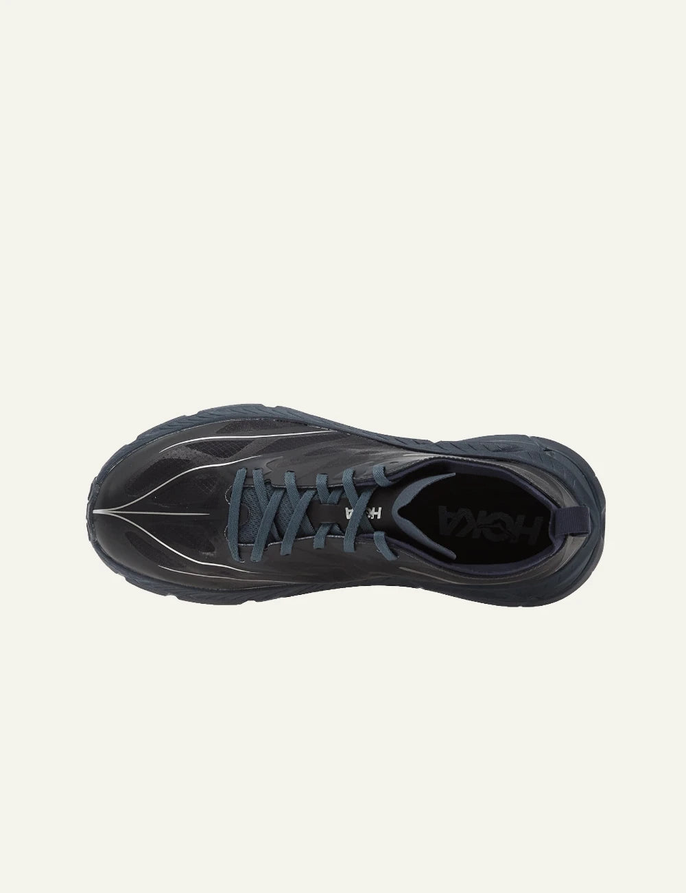 Hoka trail running shoe black top view