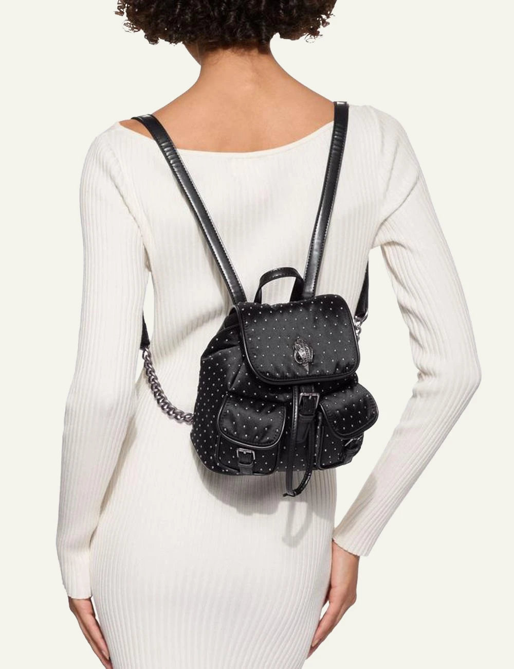 Kurt Geiger small backpack worn on back outfit styling