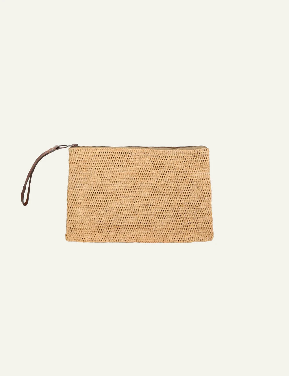 ibeliv ampy bag natural raffia crochet clutch wrist strap front view