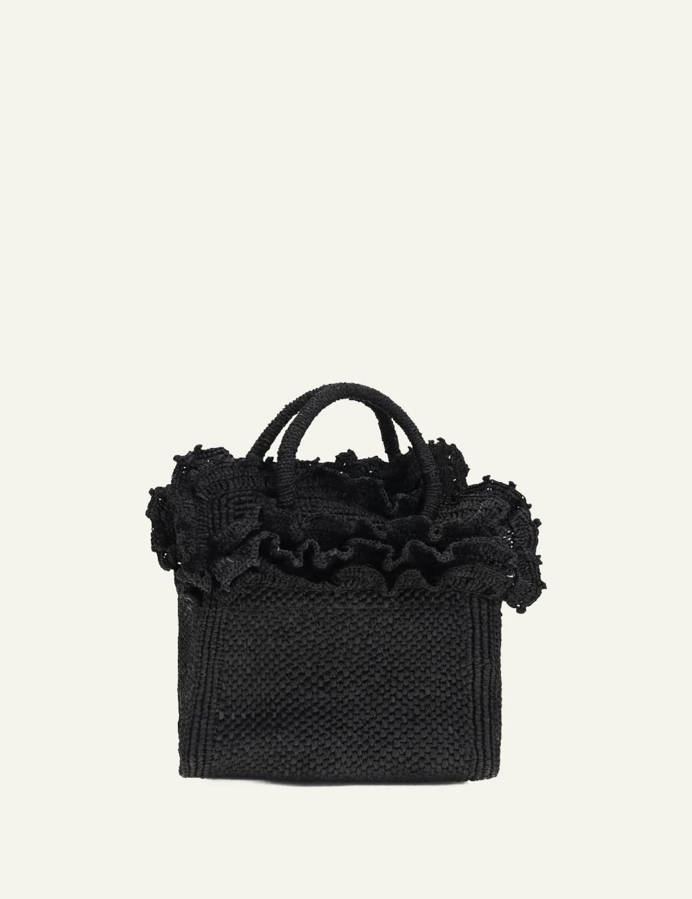 ibeliv laguna bag black raffia tote ruffle top handles front view