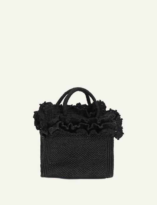 ibeliv laguna bag black raffia tote ruffle top handles front view