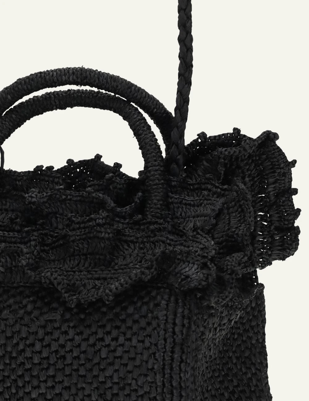 ibeliv laguna bag black raffia tote ruffle top handles front detail view