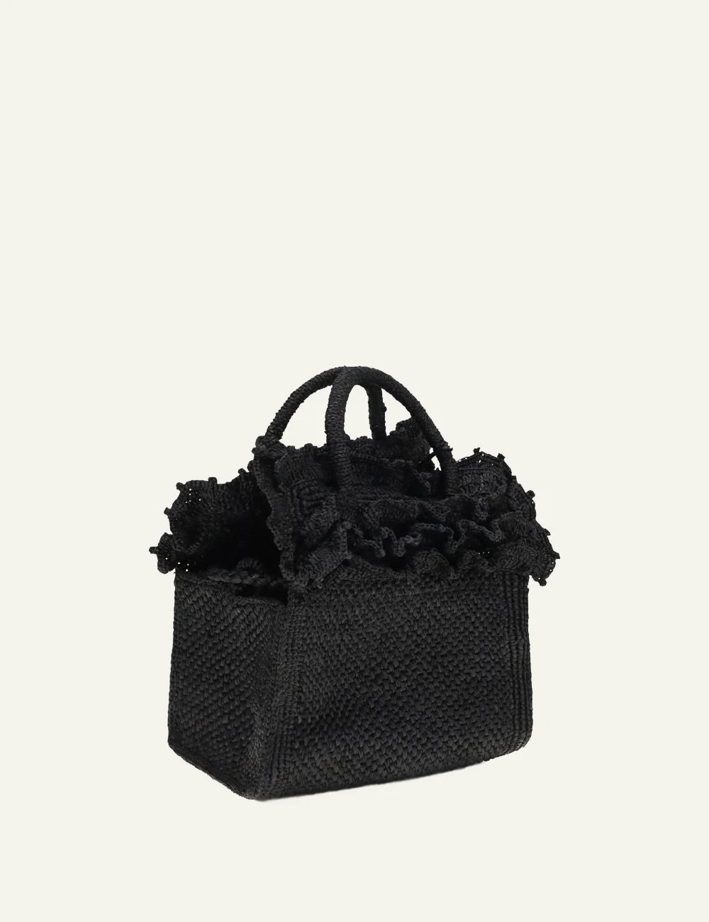 ibeliv laguna bag black raffia tote ruffle top handles side view