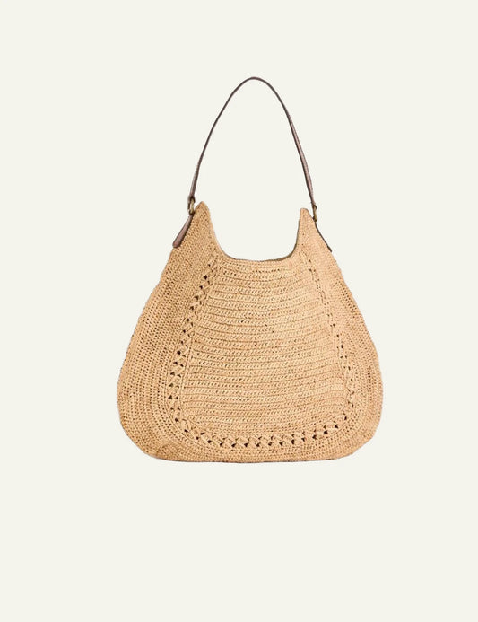 ibeliv meva bag natural raffia hobo shoulder bag leather handle front view