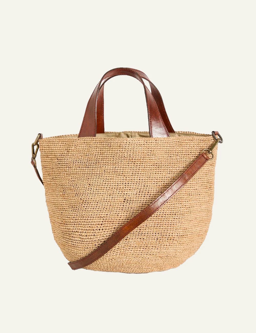 ibeliv mirozy bag natural raffia tote leather handles shoulder strap front view