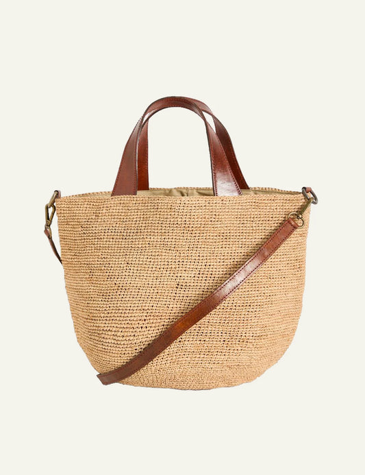 ibeliv mirozy bag natural raffia tote leather handles shoulder strap front view