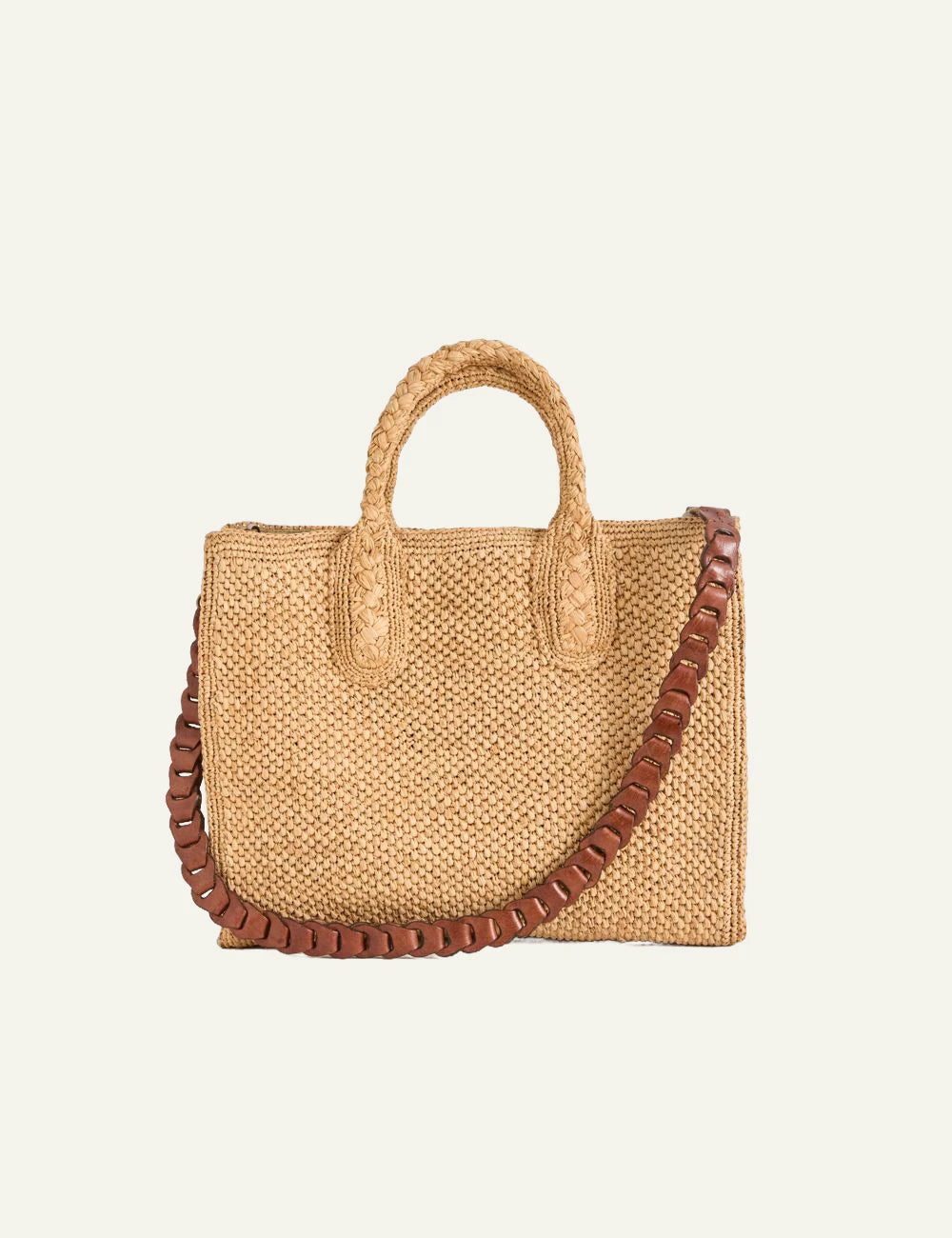 ibeliv raffia bag natural rectangular tote braided leather strap top handle front view