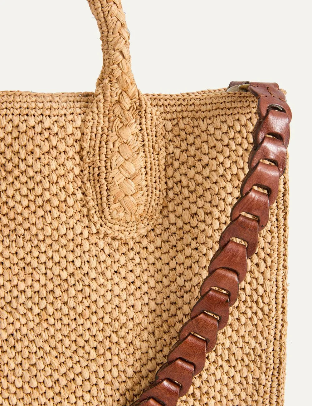 ibeliv raffia bag natural rectangular tote braided leather strap top handle side detail view