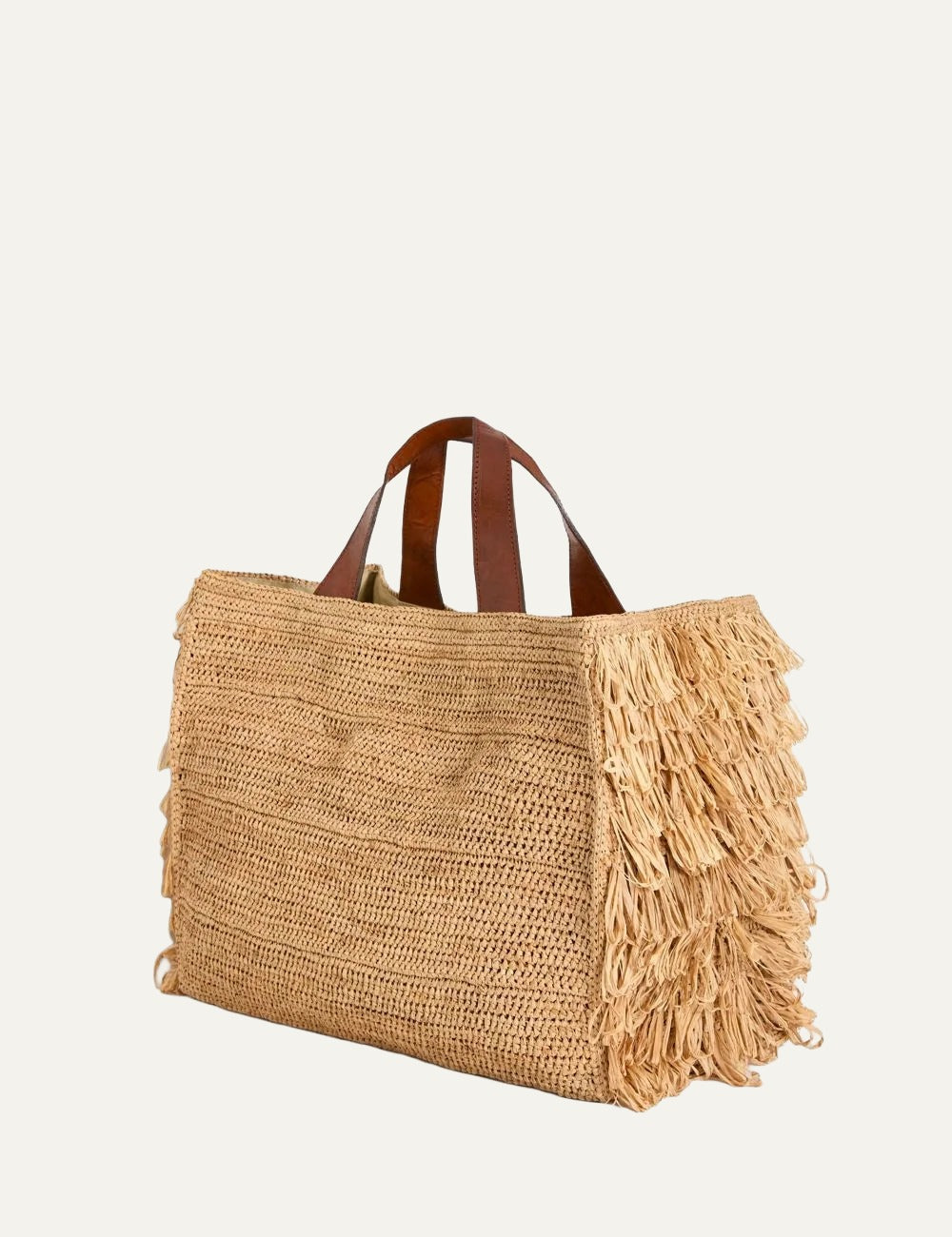 Ibeliv Onja raffia tote bag me leather handles and fringe details front view