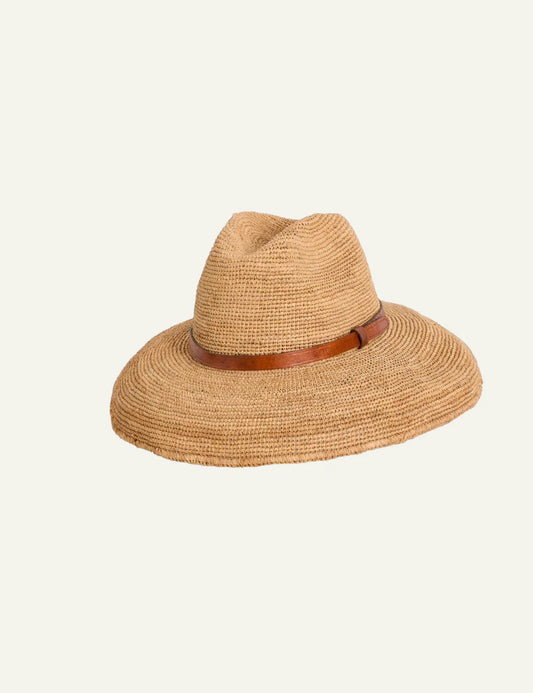ibeliv safari hat natural raffia wide brim leather strap summer hat side view