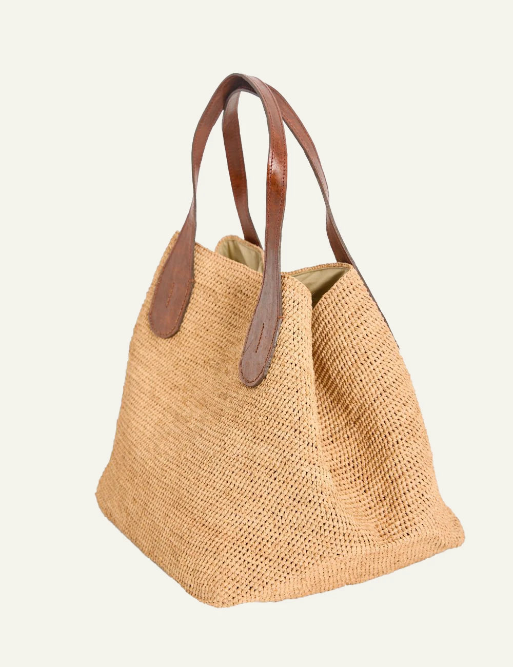 ibeliv tokyo ii bag natural raffia basket tote leather handles side view