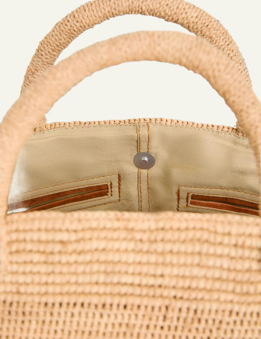 ibeliv vanilla bag natural raffia tote top handles front detail view