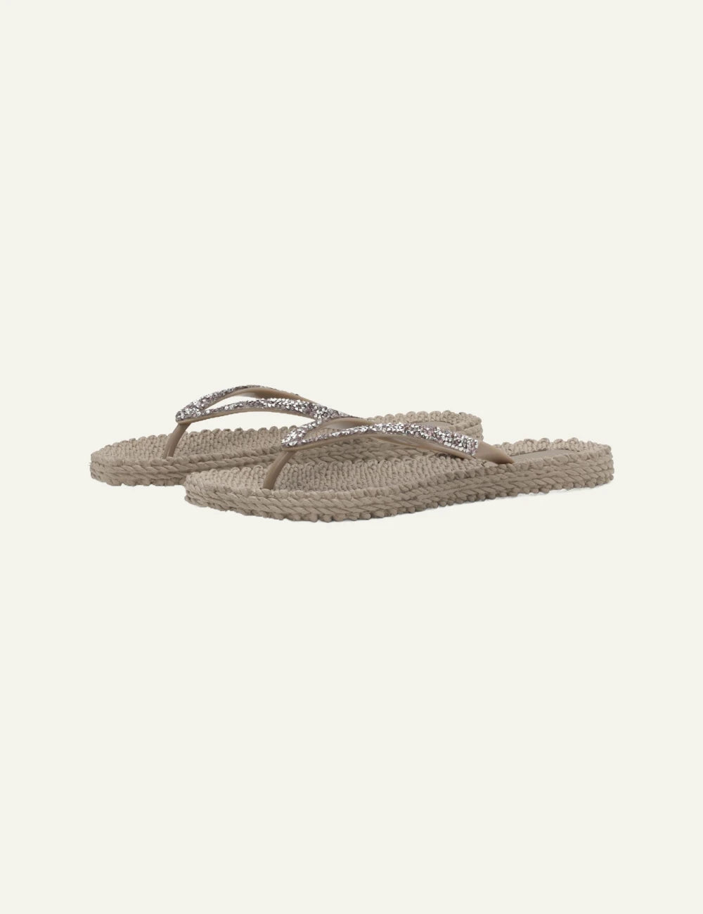 Ilse Jacobsen flip flops beige crystal strap braided sole angled view