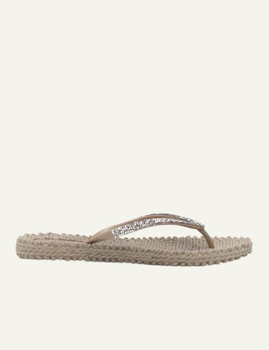 Ilse Jacobsen flip flops beige crystal strap braided sole side view