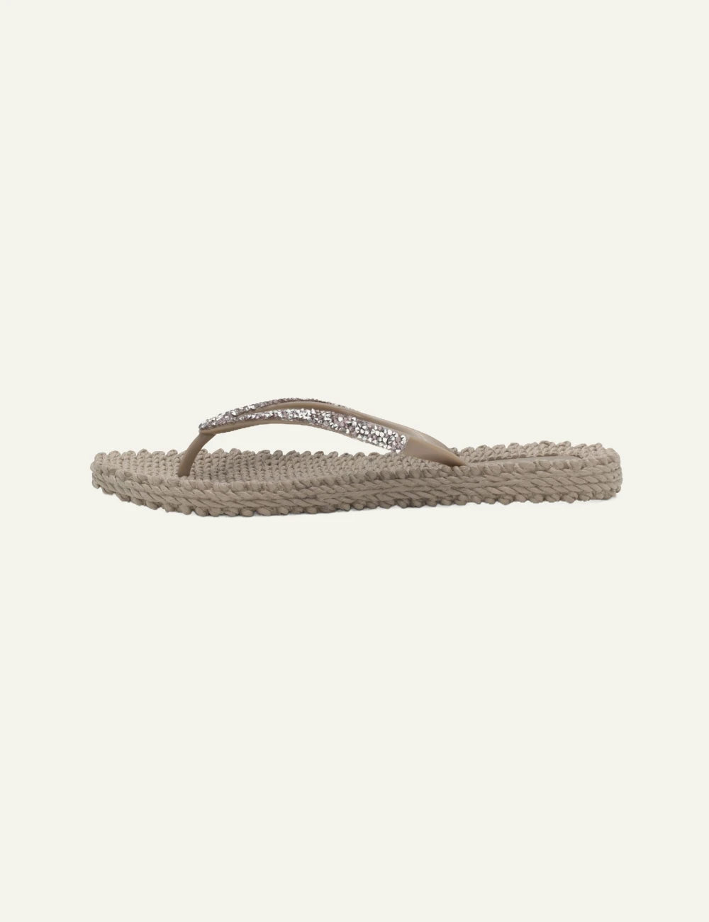Ilse Jacobsen flip flops beige crystal strap braided sole profile view