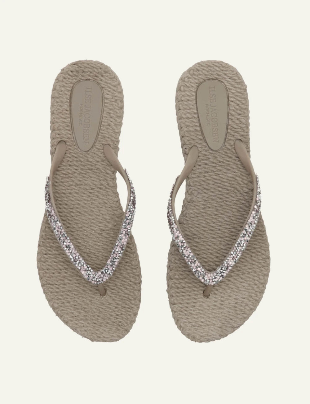 Ilse Jacobsen flip flops beige crystal strap braided sole top view