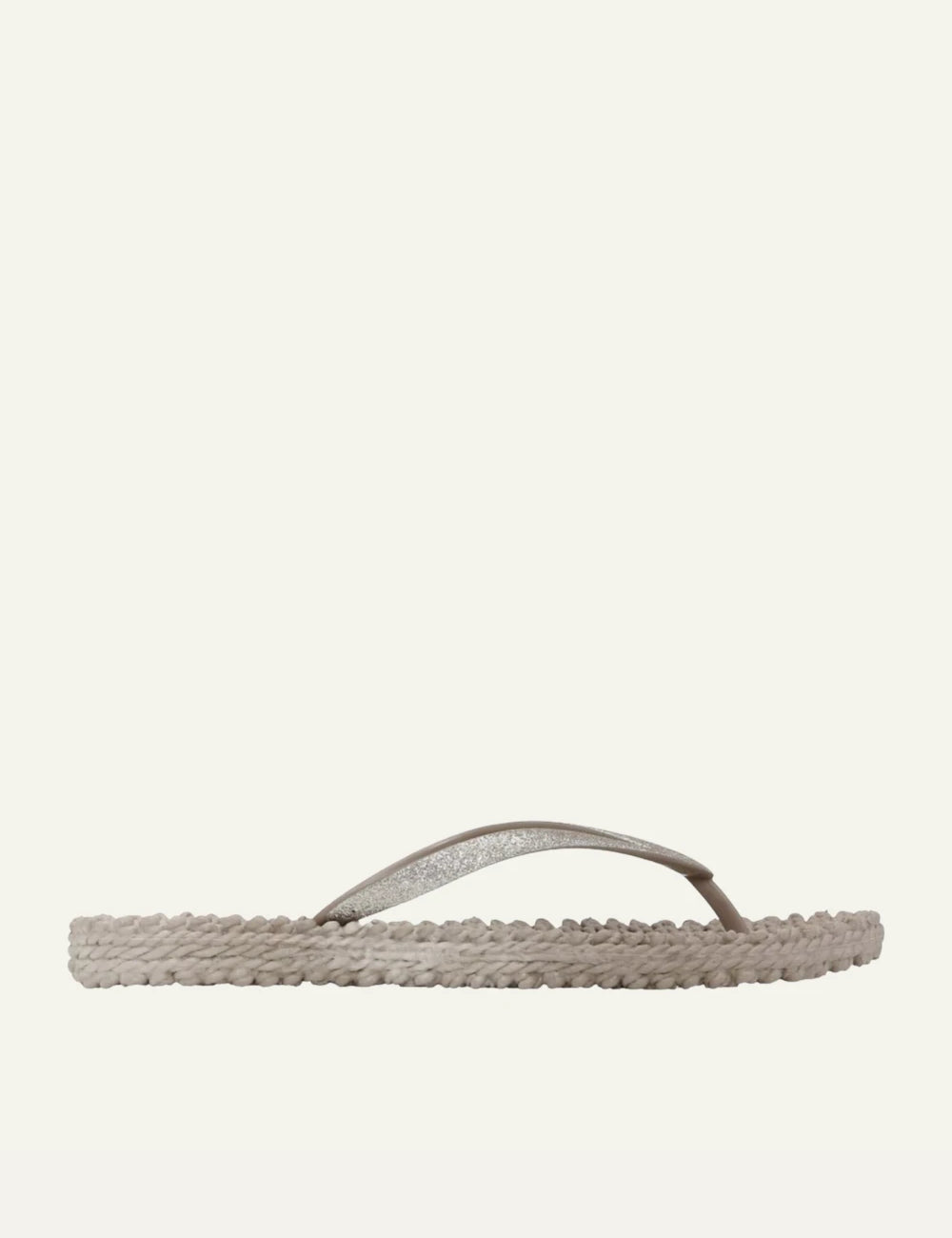 Ilse Jacobsen flip flops beige glitter strap braided sole side view