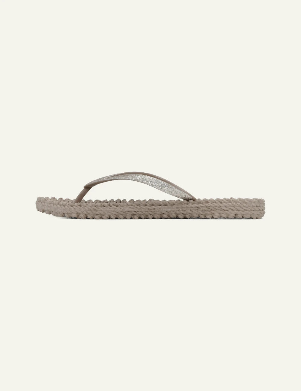 Ilse Jacobsen flip flops beige glitter strap braided sole profile view