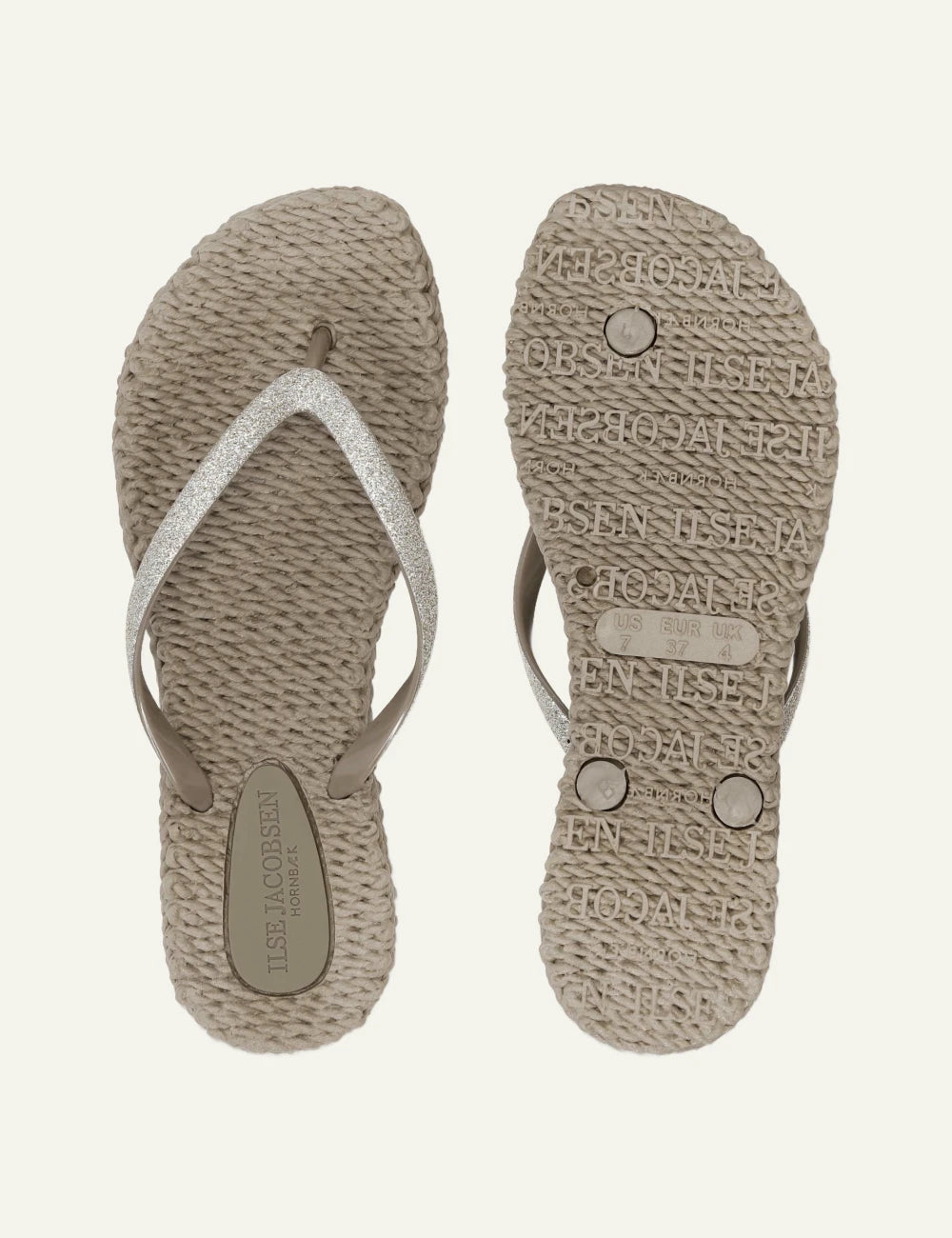 Ilse Jacobsen flip flops beige glitter strap braided sole top view
